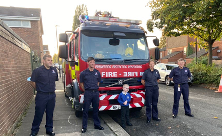 Finley with firefighters from Tyne and Wear FRS. (TWFRS)